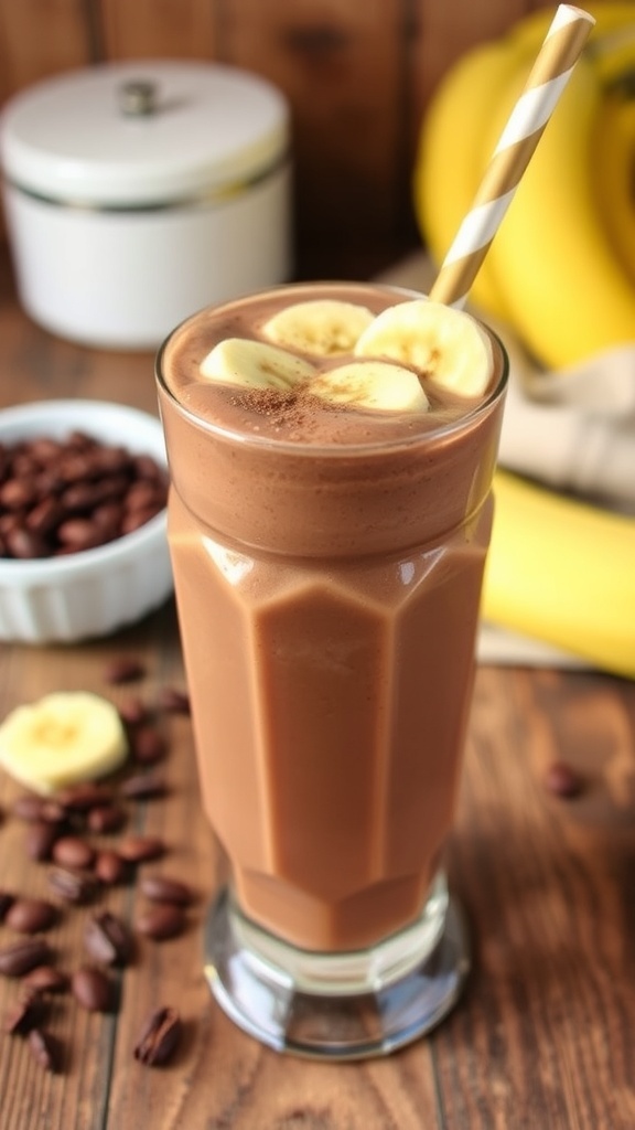 A tall glass of Chocolate Peanut Butter Power Smoothie topped with banana slices and cocoa powder on a rustic wooden table.